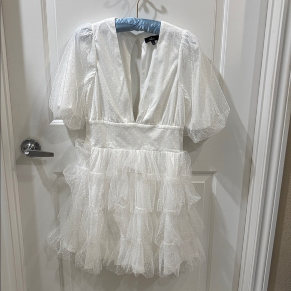 Lulus Dot Tulle Puff Sleeve Tiered Mini Dress - Picture 5 of 7